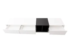 Móvel TV com 3 gavetas e 5 nichos, corpo em lacado branco e preto