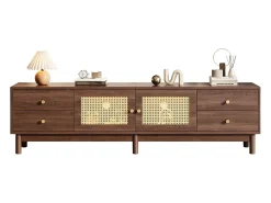 Móvel TV com 4 gavetas e 2 portas de vime - 180 x 35 x 44 cm - Aglomerado - Castanho