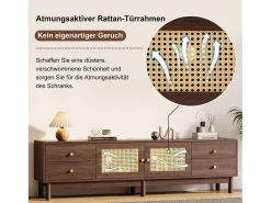 Móvel TV com 4 gavetas e 2 portas de vime - 180 x 35 x 44 cm - Aglomerado - Castanho