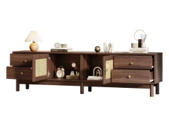 Móvel TV com 4 gavetas e 2 portas de vime - 180 x 35 x 44 cm - Aglomerado - Castanho