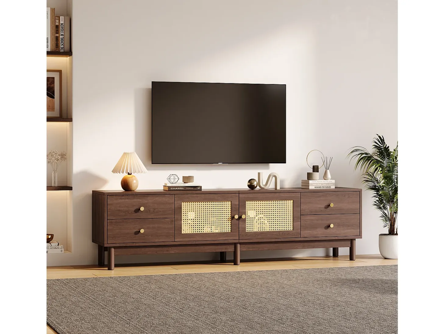 Móvel TV com 4 gavetas e 2 portas de vime - 180 x 35 x 44 cm - Aglomerado - Castanho
