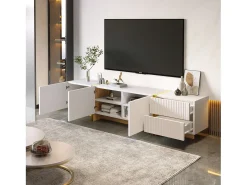 Móvel TV com 2 gavetas e 3 portas - 190 x 35 x 45 cm - Madeira MDF e aglomerado - Branco + dourado