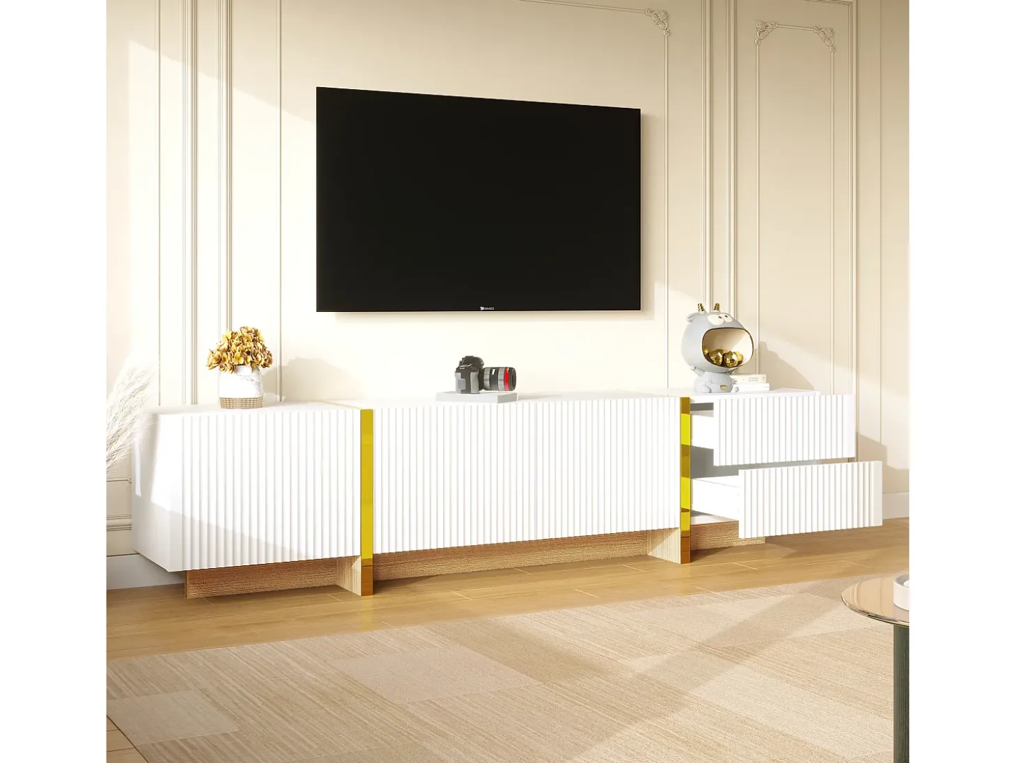 Móvel TV com 2 gavetas e 3 portas - 190 x 35 x 45 cm - Madeira MDF e aglomerado - Branco + dourado