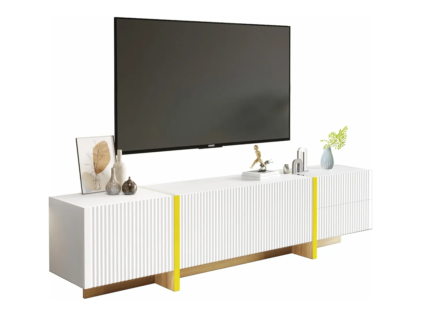 Móvel TV com 2 gavetas e 3 portas - 190 x 35 x 45 cm - Madeira MDF e aglomerado - Branco + dourado