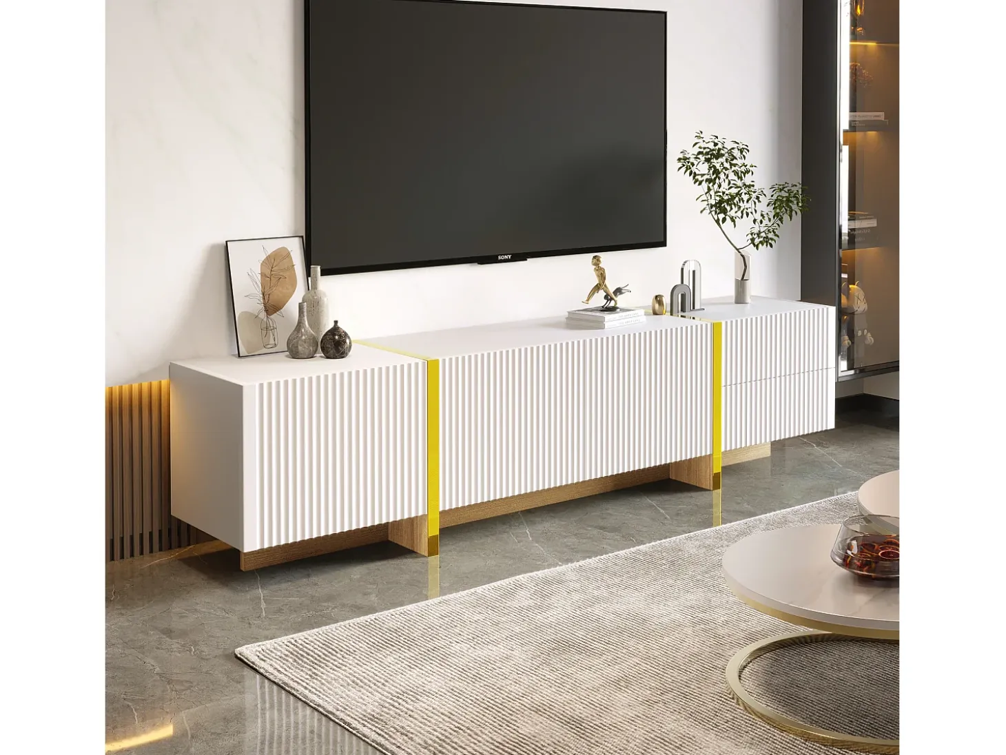 Móvel TV com 2 gavetas e 3 portas - 190 x 35 x 45 cm - Madeira MDF e aglomerado - Branco + dourado