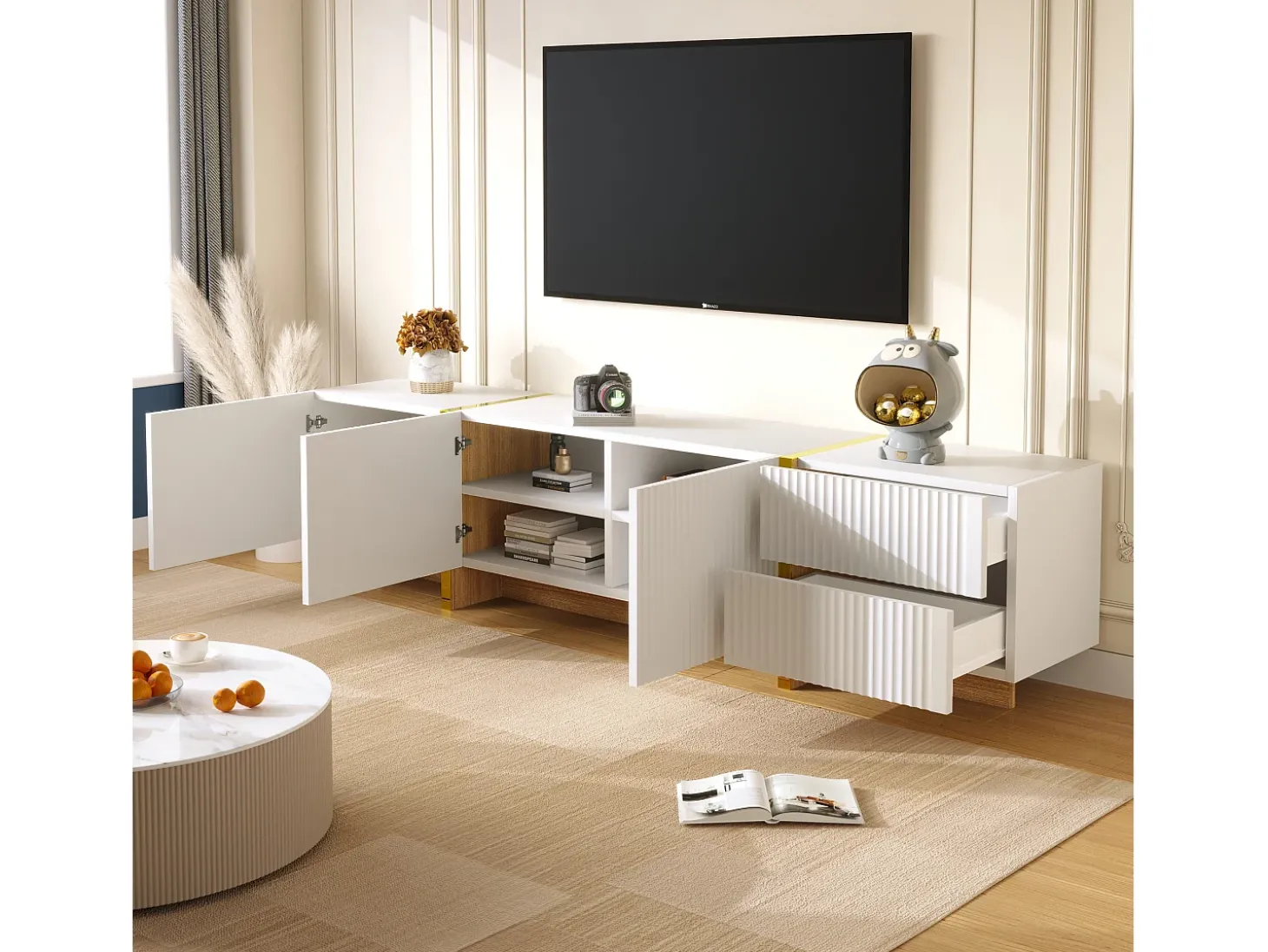 Móvel TV com 2 gavetas e 3 portas - 190 x 35 x 45 cm - Madeira MDF e aglomerado - Branco + dourado
