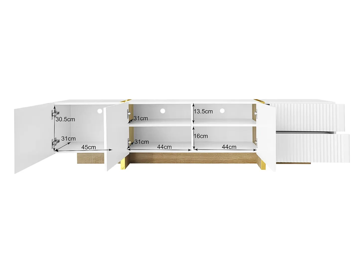 Móvel TV com 2 gavetas e 3 portas - 190 x 35 x 45 cm - Madeira MDF e aglomerado - Branco + dourado