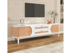 Móvel TV com 2 gavetas e 2 portas de correr, aglomerado, efeito rattan, branco e natural