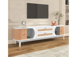 Móvel TV com 2 gavetas e 2 portas de correr, aglomerado, efeito rattan, branco e natural