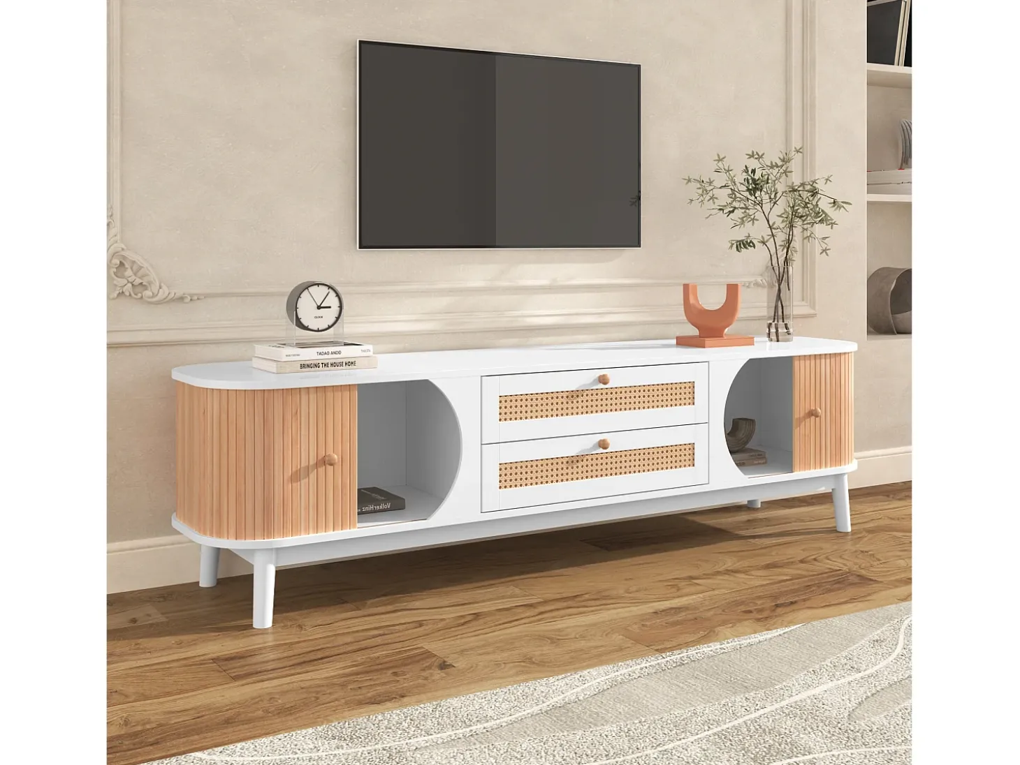 Móvel TV com 2 gavetas e 2 portas de correr, aglomerado, efeito rattan, branco e natural