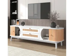 Móvel TV com 2 gavetas e 2 portas de correr, aglomerado, efeito rattan, branco e natural