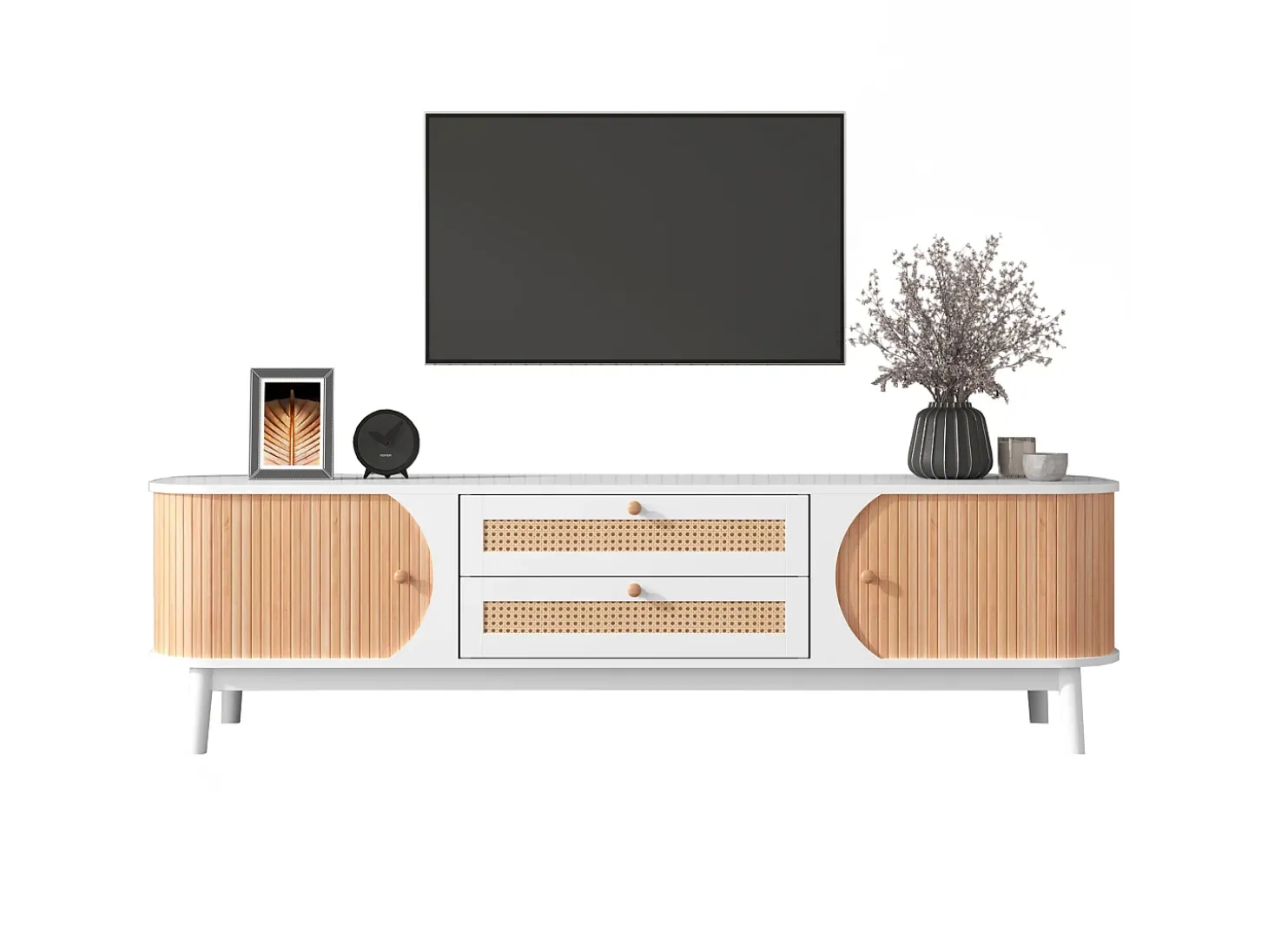 Móvel TV com 2 gavetas e 2 portas de correr, aglomerado, efeito rattan, branco e natural
