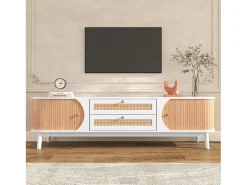 Móvel TV com 2 gavetas e 2 portas de correr, aglomerado, efeito rattan, branco e natural