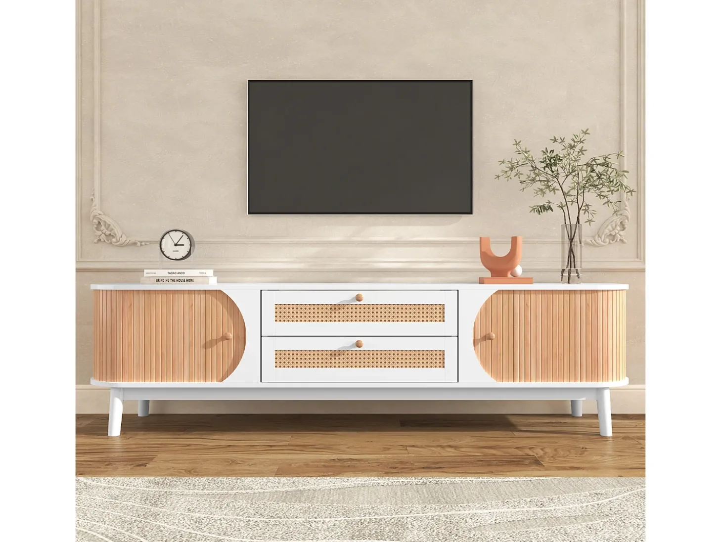 Móvel TV com 2 gavetas e 2 portas de correr, aglomerado, efeito rattan, branco e natural