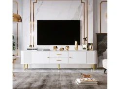 Móvel TV com 2 gavetas e 2 portas - 170 x 34 x 45 cm - Madeira MDF - Puxadores e pés dourados - Branco