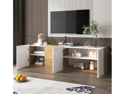 Móvel TV com 3 gavetas e 3 portas, móvel TV suspenso em madeira natural clara e acabamento branco - 171,5x35x47cm
