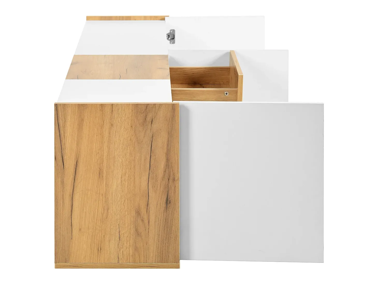Móvel TV com 3 gavetas e 3 portas, móvel TV suspenso em madeira natural clara e acabamento branco - 171,5x35x47cm