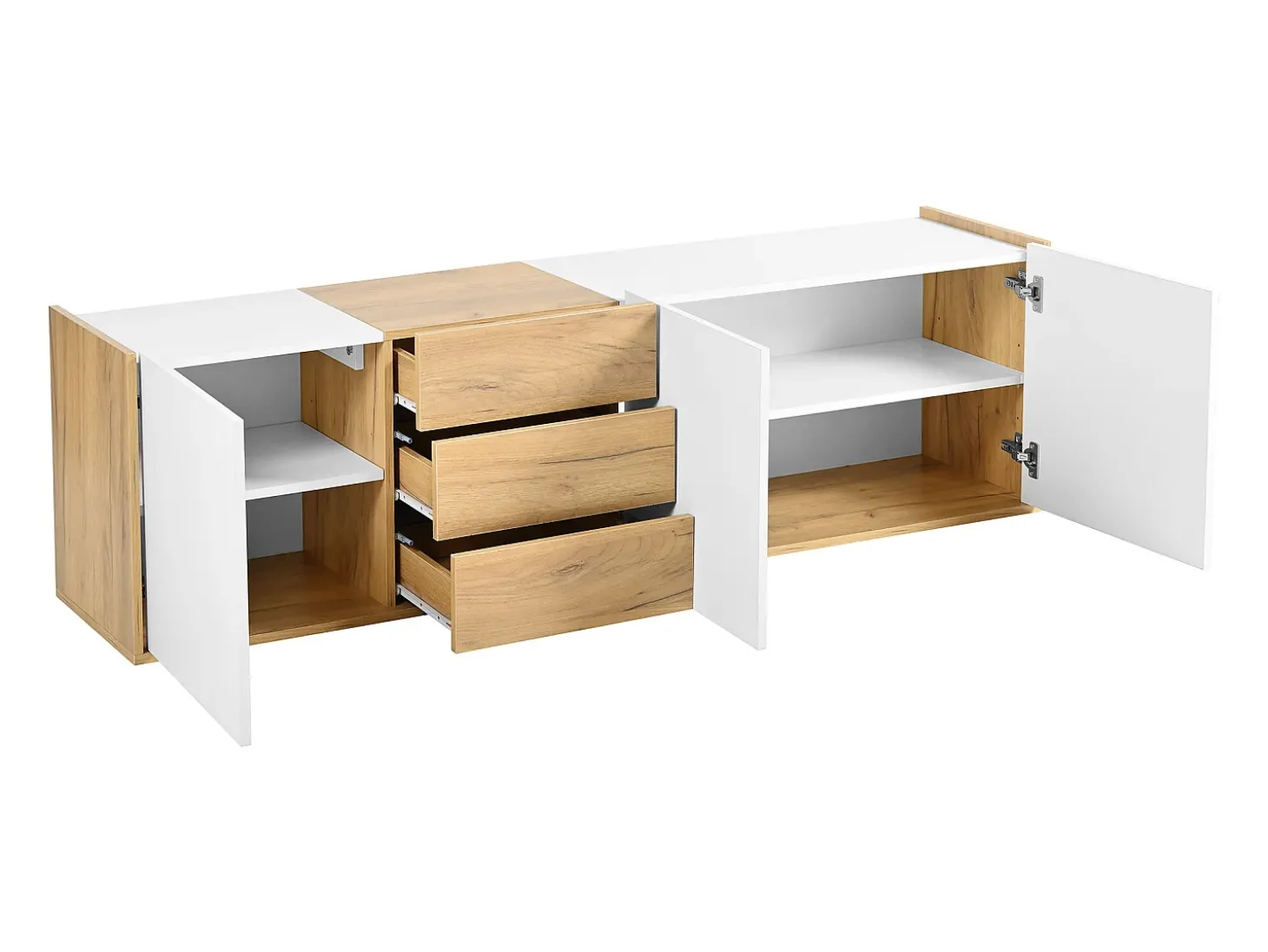 Móvel TV com 3 gavetas e 3 portas, móvel TV suspenso em madeira natural clara e acabamento branco - 171,5x35x47cm
