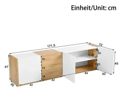 Móvel TV com 3 gavetas e 3 portas, móvel TV suspenso em madeira natural clara e acabamento branco - 171,5x35x47cm