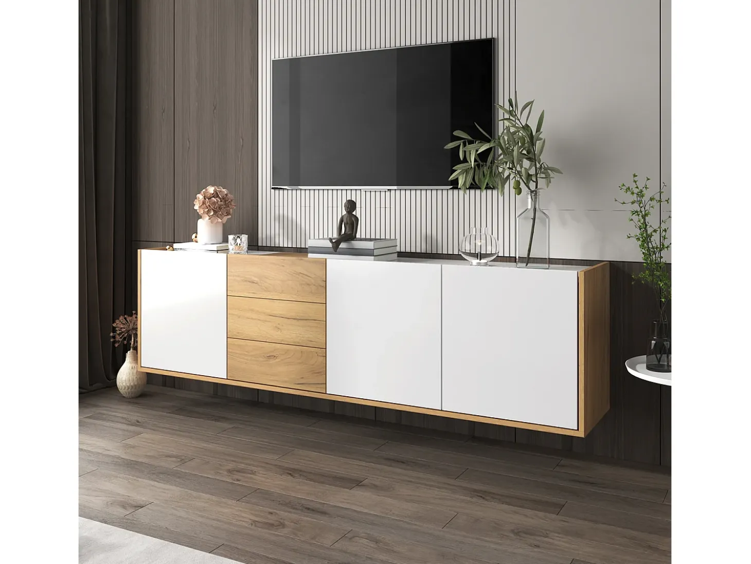 Móvel TV com 3 gavetas e 3 portas, móvel TV suspenso em madeira natural clara e acabamento branco - 171,5x35x47cm