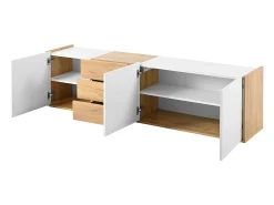 Móvel TV com 3 gavetas e 3 portas, móvel TV suspenso em madeira natural clara e acabamento branco - 171,5x35x47cm