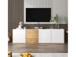 Móvel TV com 3 gavetas e 3 portas, móvel TV suspenso em madeira natural clara e acabamento branco - 171,5x35x47cm