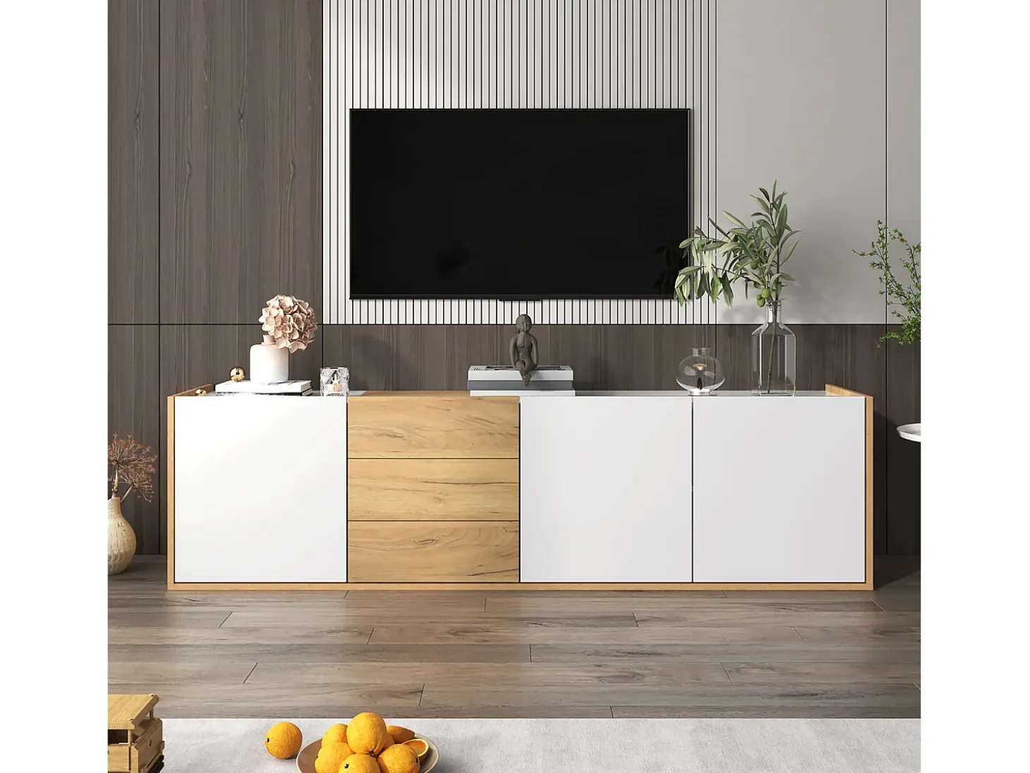 Móvel TV com 3 gavetas e 3 portas, móvel TV suspenso em madeira natural clara e acabamento branco - 171,5x35x47cm