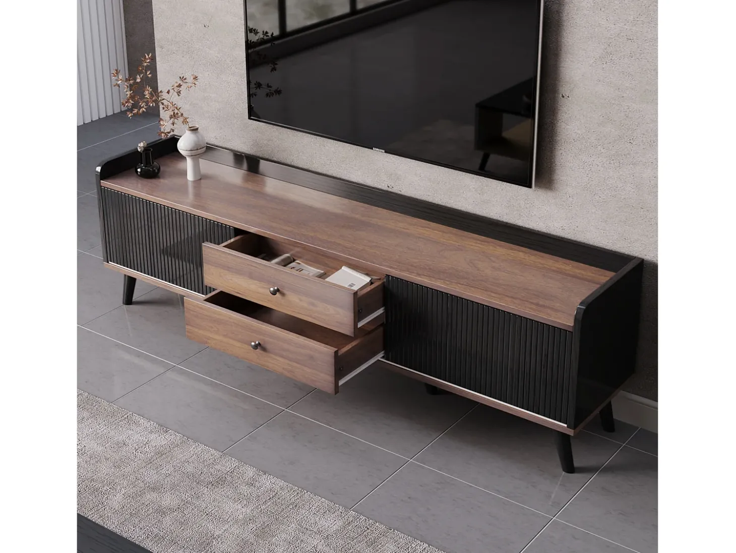 Móvel TV com 2 gavetas e 2 portas de correr - estilo moderno - cores: preto e natural