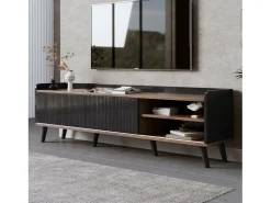 Móvel TV com 2 gavetas e 2 portas de correr - estilo moderno - cores: preto e natural