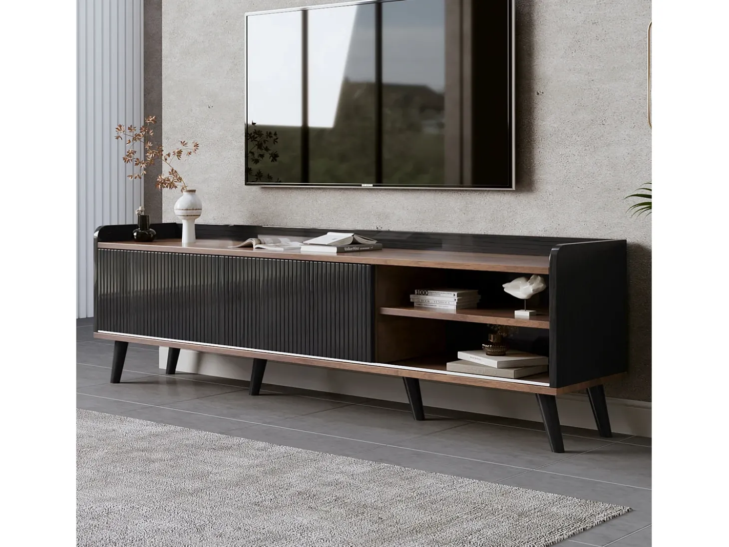 Móvel TV com 2 gavetas e 2 portas de correr - estilo moderno - cores: preto e natural