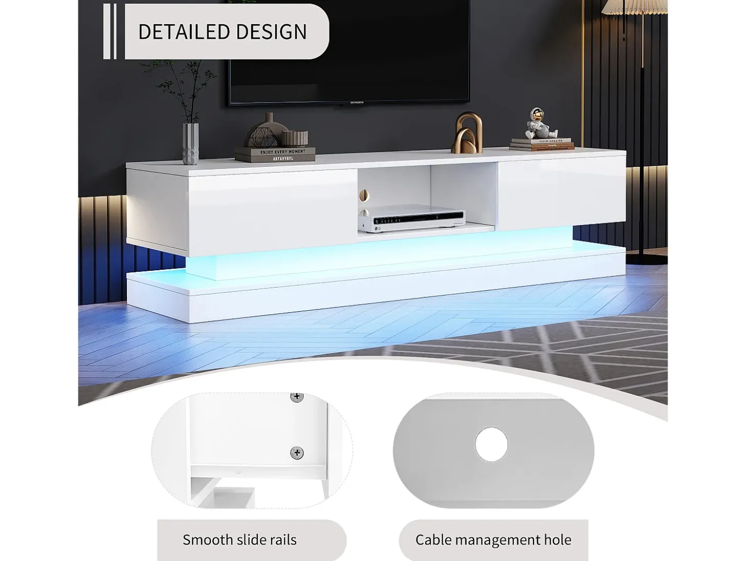 Móvel TV com 2 gavetas e compartimento aberto - 160 x 35 x 40,5 cm - LEDs - Aglomerado - Branco brilhante