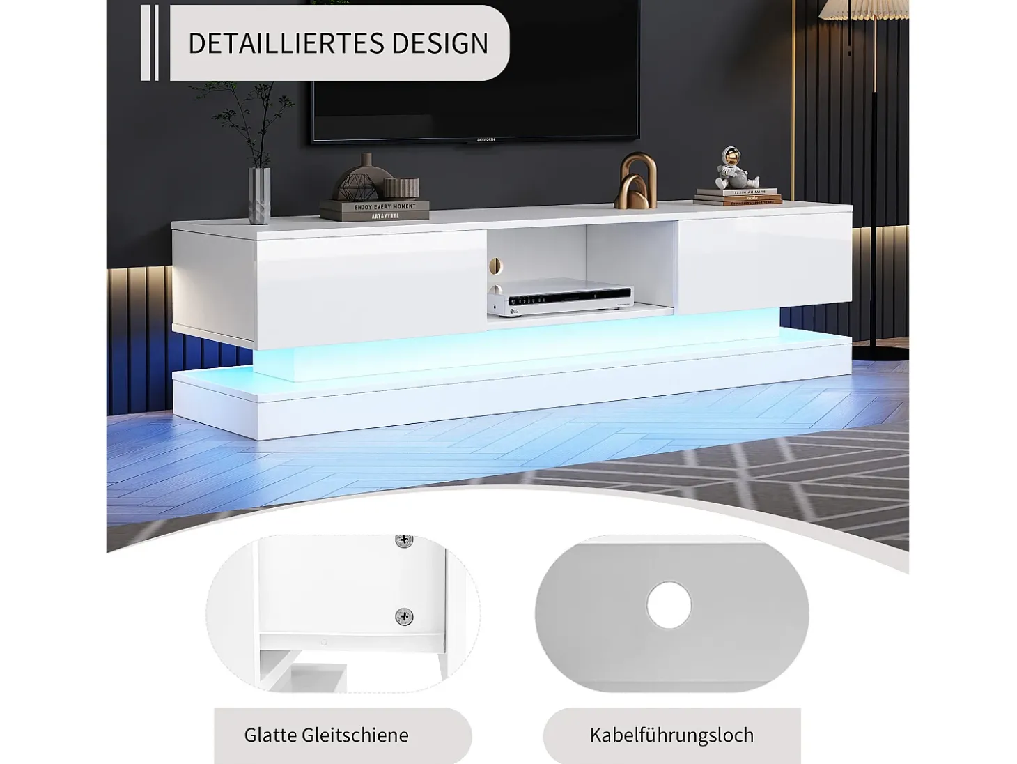 Móvel TV com 2 gavetas e compartimento aberto - 160 x 35 x 40,5 cm - LEDs - Aglomerado - Branco brilhante