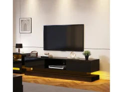 Móvel TV com 2 gavetas e compartimento aberto - 160 x 35 x 40,5 cm - LEDs - Aglomerado - Preto brilhante