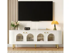 Móvel TV com 4 portas - 170 x 35 x 55 cm - LEDs - MDF e pés de metal dourado - Branco
