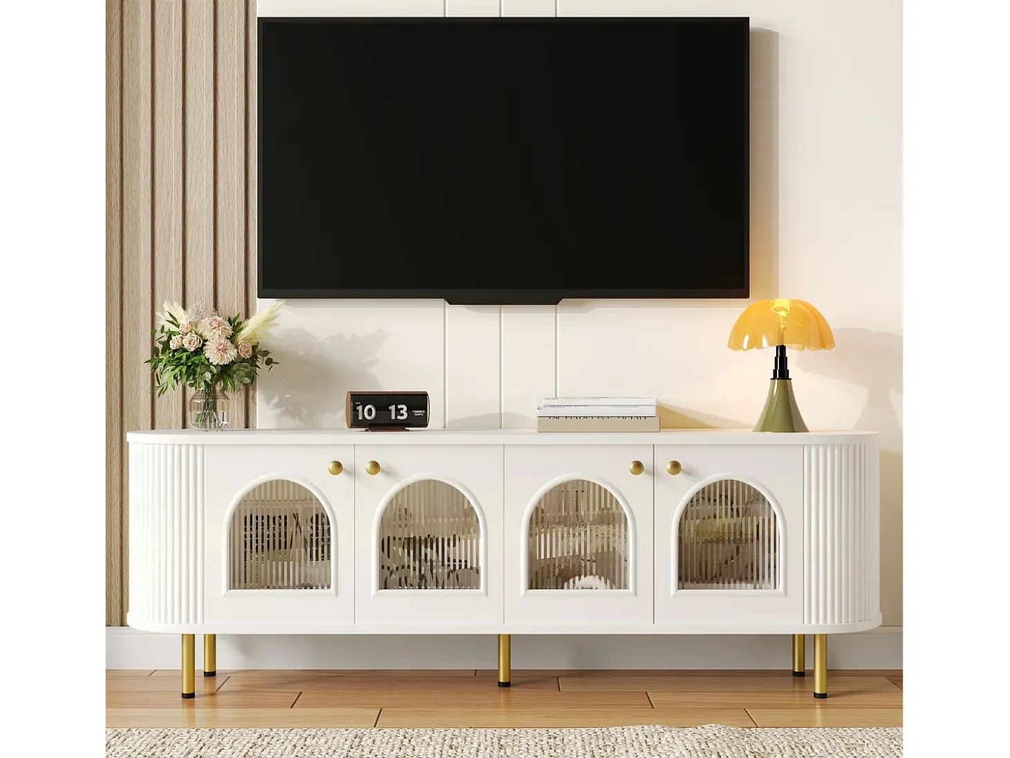 Móvel TV com 4 portas - 170 x 35 x 55 cm - LEDs - MDF e pés de metal dourado - Branco