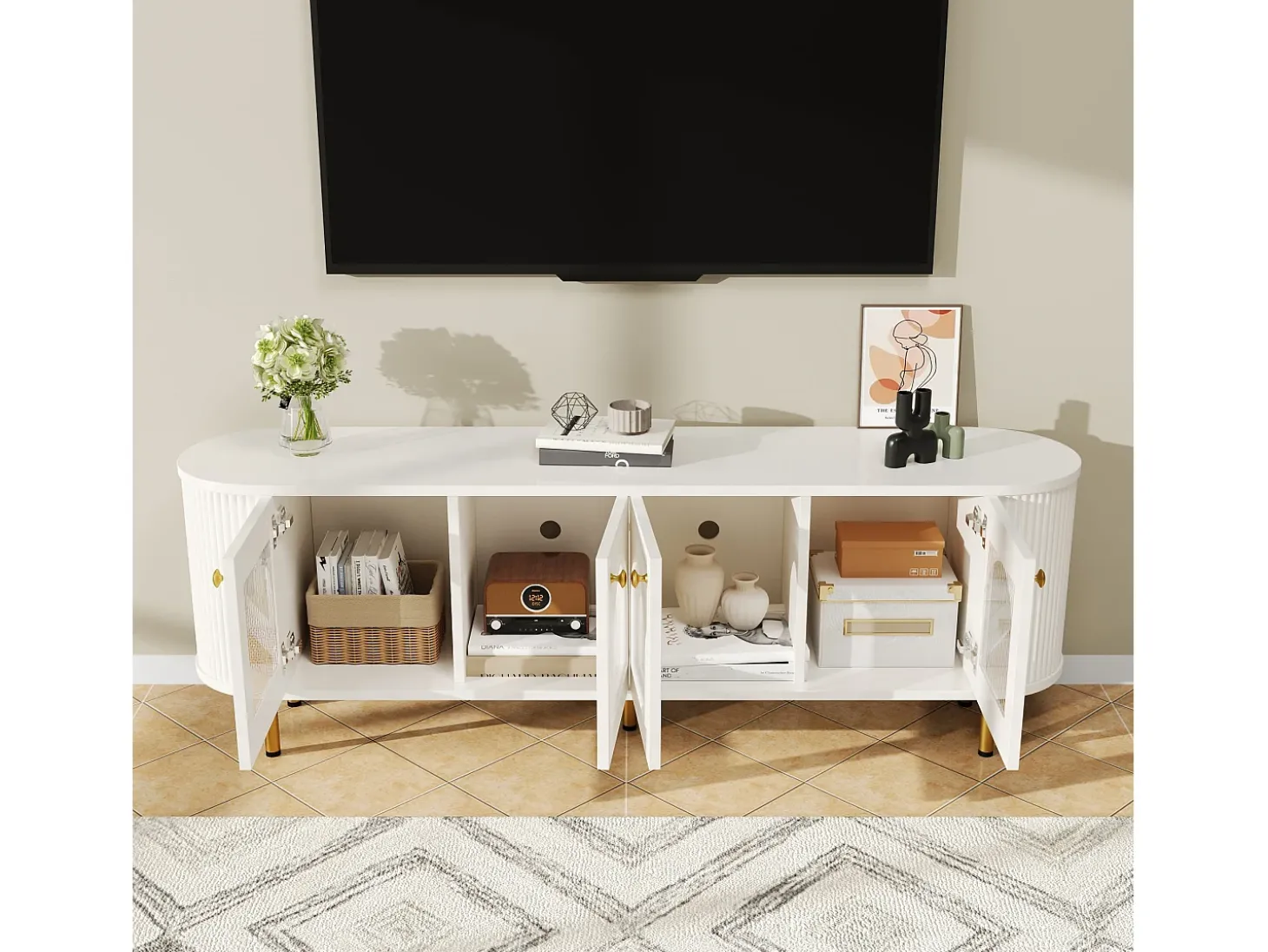 Móvel TV com 4 portas - 170 x 35 x 55 cm - LEDs - MDF e pés de metal dourado - Branco