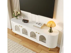 Móvel TV com 4 portas - 170 x 35 x 55 cm - LEDs - MDF e pés de metal dourado - Branco