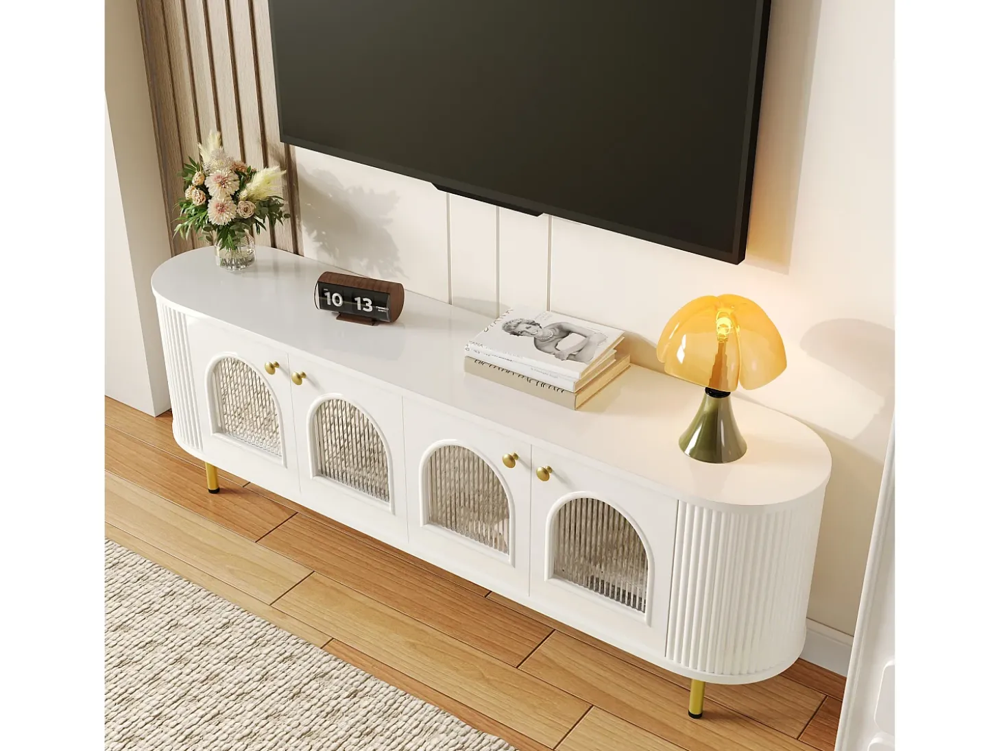 Móvel TV com 4 portas - 170 x 35 x 55 cm - LEDs - MDF e pés de metal dourado - Branco