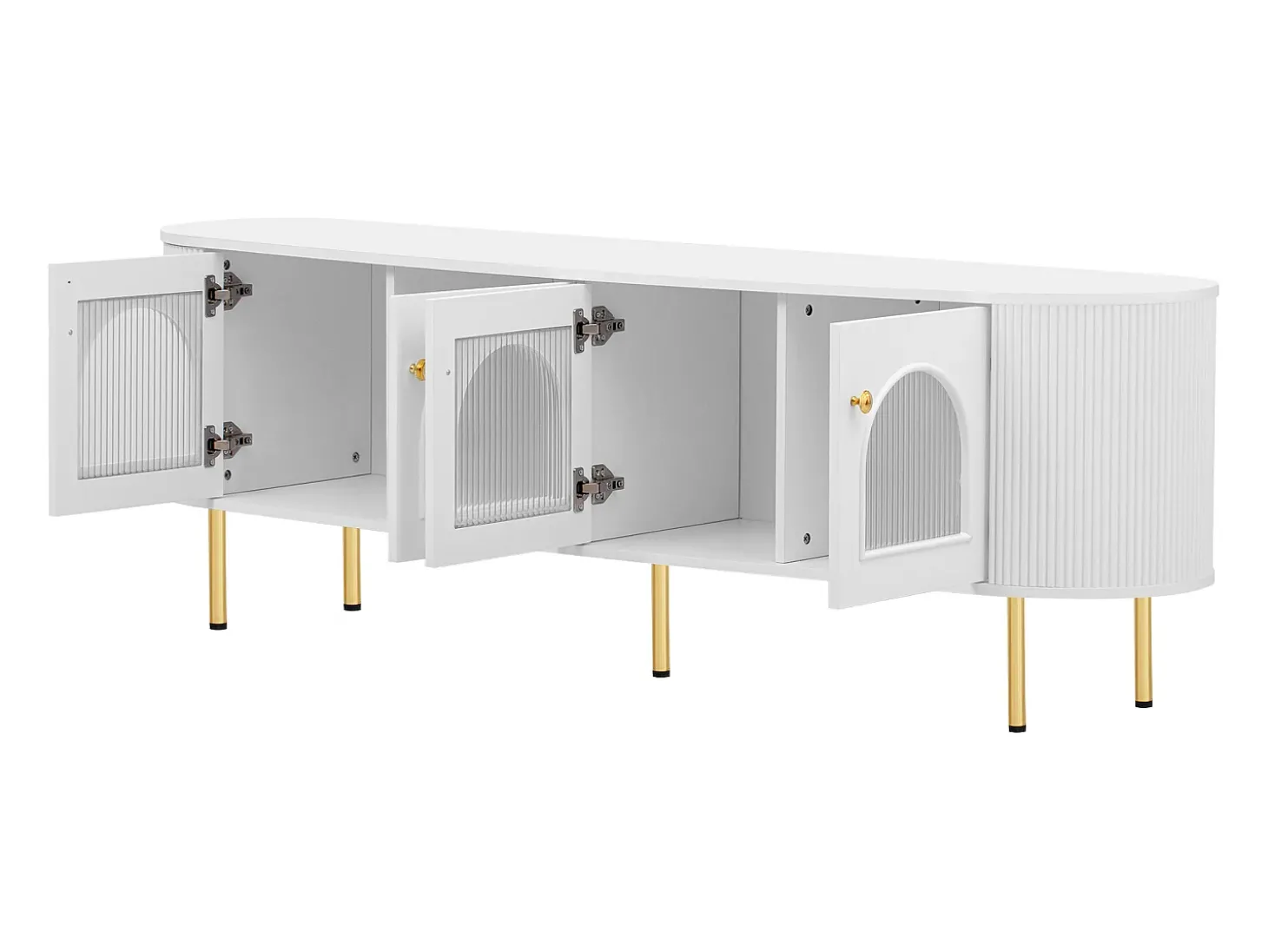Móvel TV com 4 portas - 170 x 35 x 55 cm - LEDs - MDF e pés de metal dourado - Branco