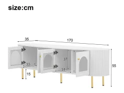 Móvel TV com 4 portas - 170 x 35 x 55 cm - LEDs - MDF e pés de metal dourado - Branco