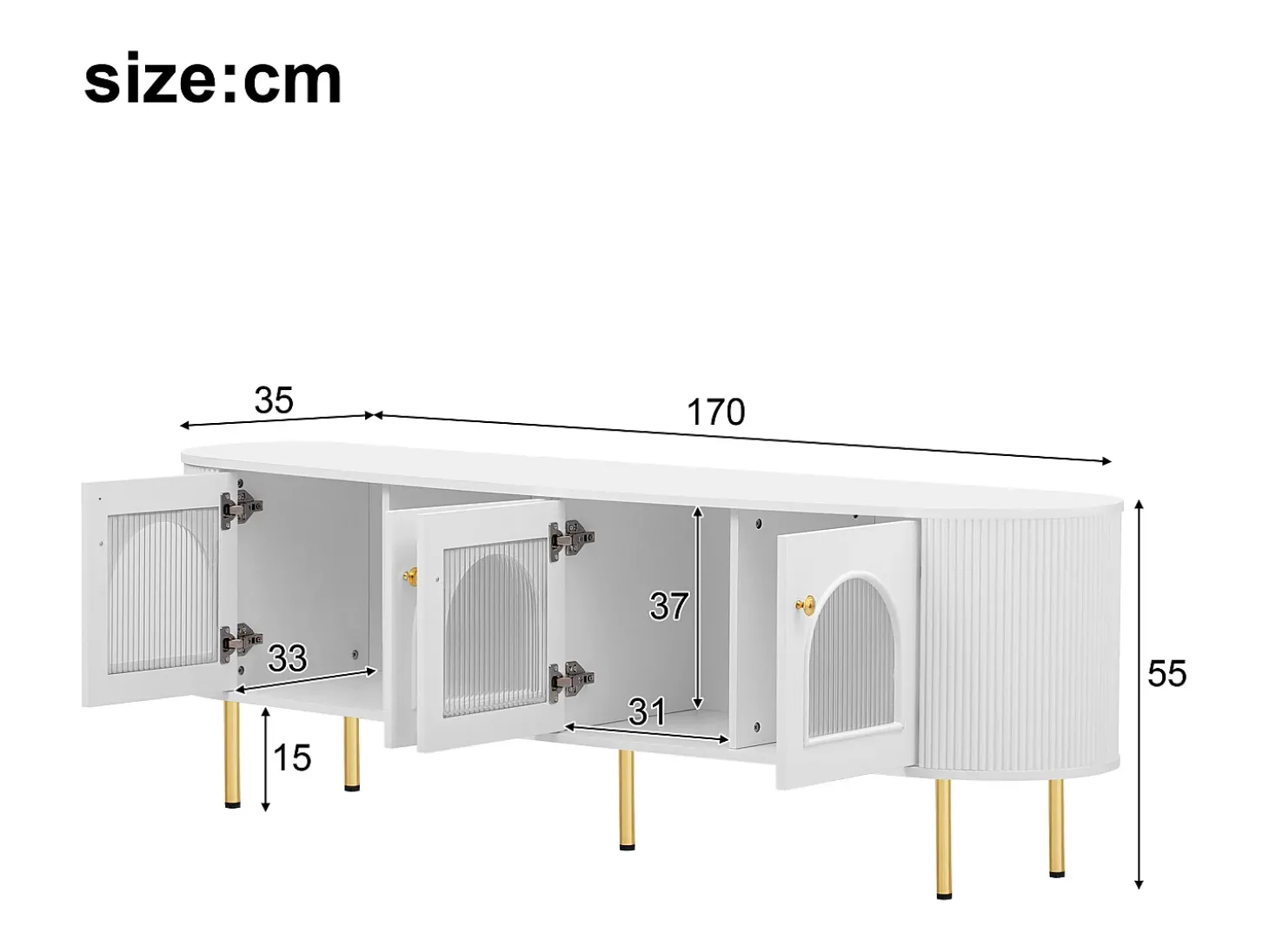 Móvel TV com 4 portas - 170 x 35 x 55 cm - LEDs - MDF e pés de metal dourado - Branco