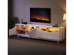 Móvel TV com 4 portas - 175 x 38 x 51 cm - LEDs - Madeira MDF e vidro temperado - Branco brilhante