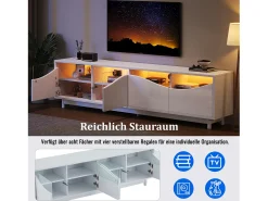 Móvel TV com 4 portas - 175 x 38 x 51 cm - LEDs - Madeira MDF e vidro temperado - Branco brilhante