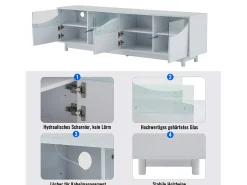 Móvel TV com 4 portas - 175 x 38 x 51 cm - LEDs - Madeira MDF e vidro temperado - Branco brilhante