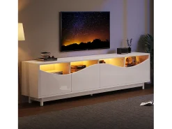 Móvel TV com 4 portas - 175 x 38 x 51 cm - LEDs - Madeira MDF e vidro temperado - Branco brilhante
