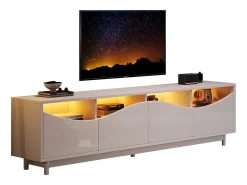 Móvel TV com 4 portas - 175 x 38 x 51 cm - LEDs - Madeira MDF e vidro temperado - Branco brilhante