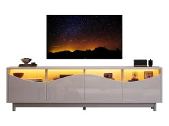 Móvel TV com 4 portas - 175 x 38 x 51 cm - LEDs - Madeira MDF e vidro temperado - Branco brilhante