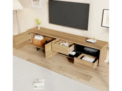 Móvel TV com 2 portas, 2 gavetas e 2 nichos, madeira e preto