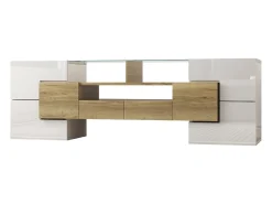 Móvel TV com 6 portas, 2 gavetas e 2 nichos, LED incluído, em laca branca brilhante e acabamento em madeira - 145x30x51cm