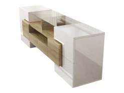 Móvel TV com 6 portas, 2 gavetas e 2 nichos, LED incluído, em laca branca brilhante e acabamento em madeira - 145x30x51cm